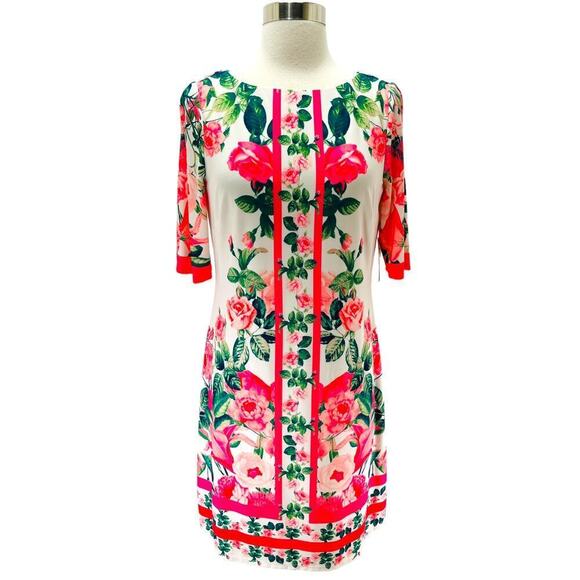 Eliza J NWT Border Rose Print Sheath Dress Ballet Neck Elbow-Sleeve Women's Sz 6 - Picture 2 of 5